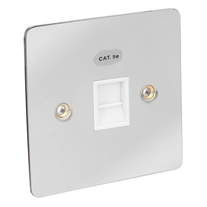 Flat Plate 1 Gang RJ45 Outlet Cat5e *Chrome/White Insert ** - Click Image to Close